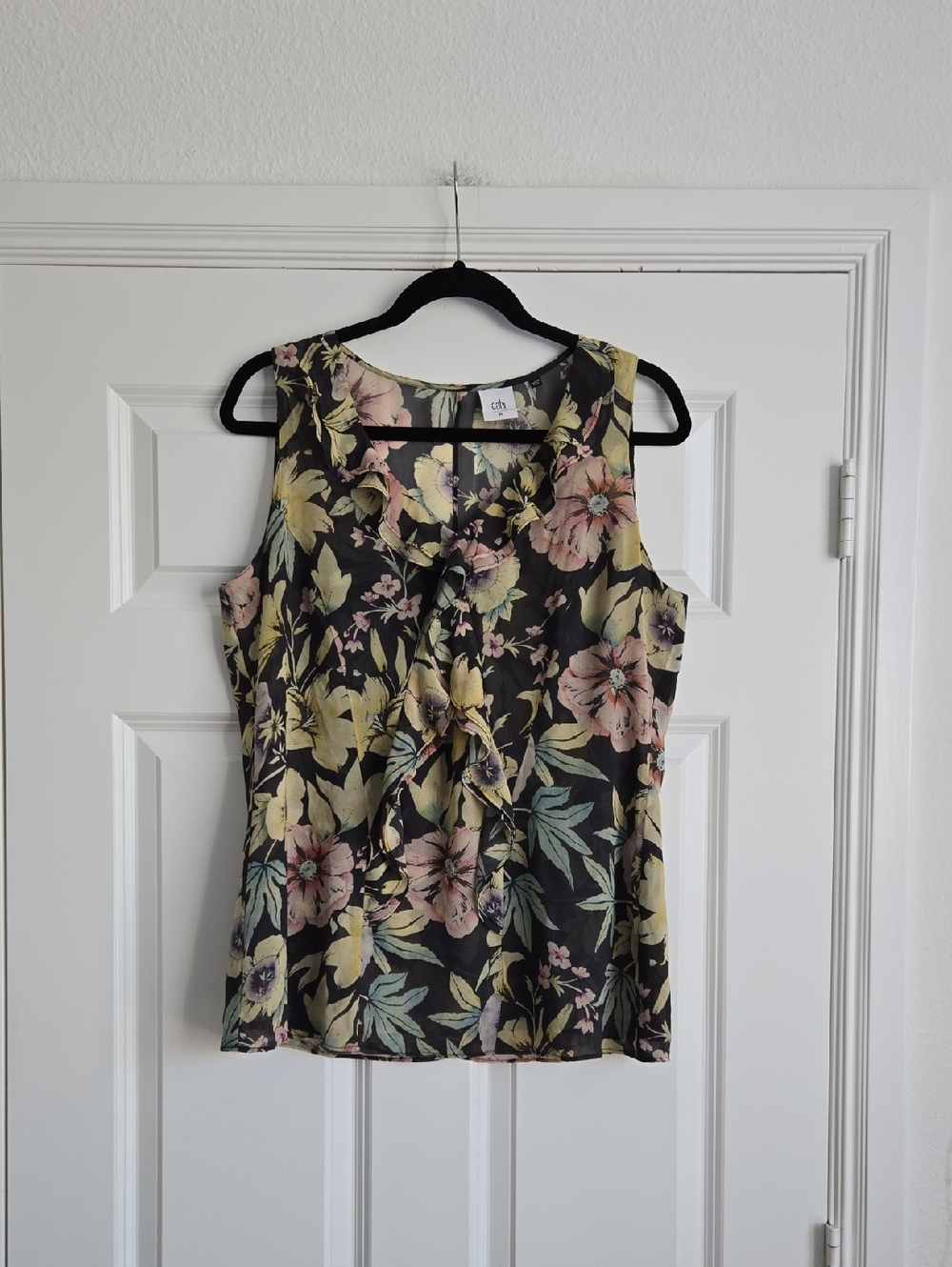 CAbi Black Floral Tie-Front Camisole with Pastel Blooms